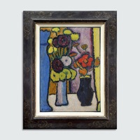 Grosses Stilleben: Dahlien und Chrysanthemen mit Blauer Vase