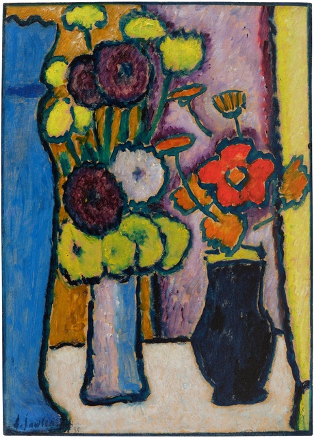 Grosses Stilleben: Dahlien und Chrysanthemen mit Blauer Vase