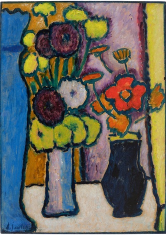 Grosses Stilleben: Dahlien und Chrysanthemen mit Blauer Vase